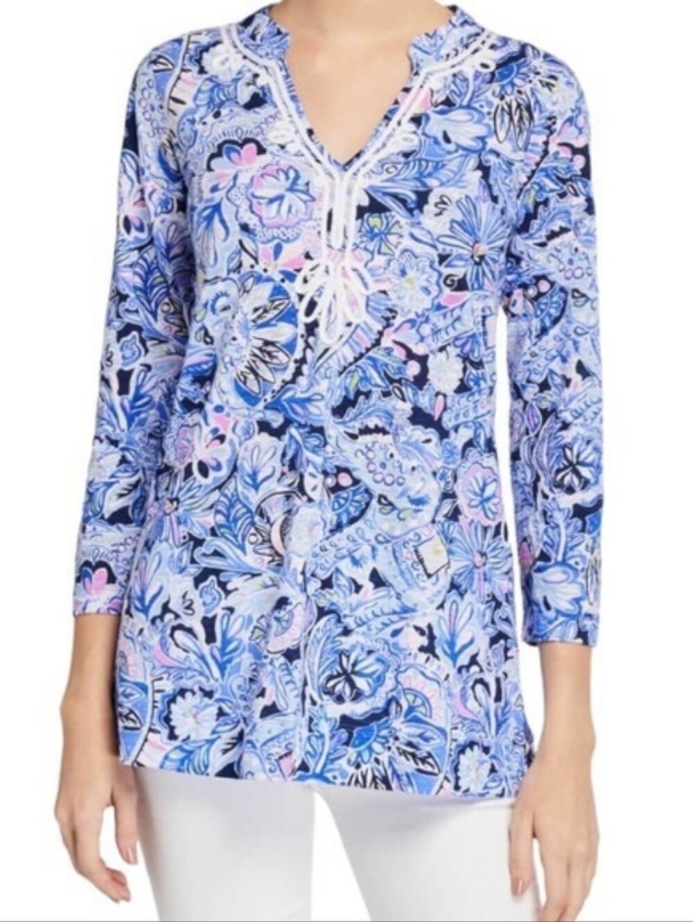 Lilly Pulitzer Kaia Blue Pink Long Line Tunic 3/4 Sleevs Medium